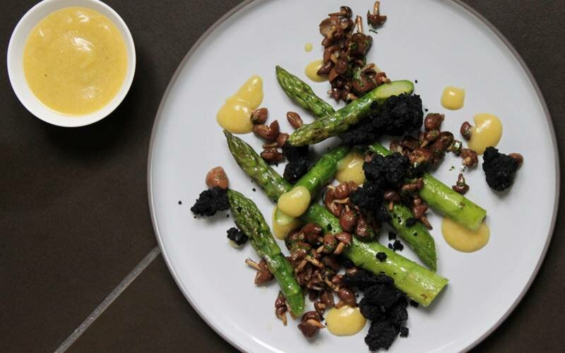 Emily Roux's Asparagus and Mousserons des Prés with Black Parmesan Crumble